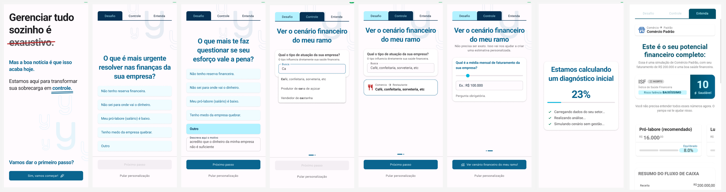 Sequência de telas do novo onboarding, focado em coleta rápida de dados para entrega de valor cedo.